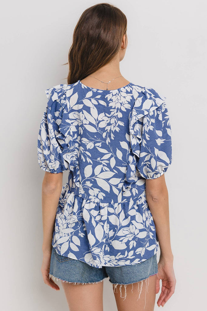 Floral Print Shirring V-neck Blouse