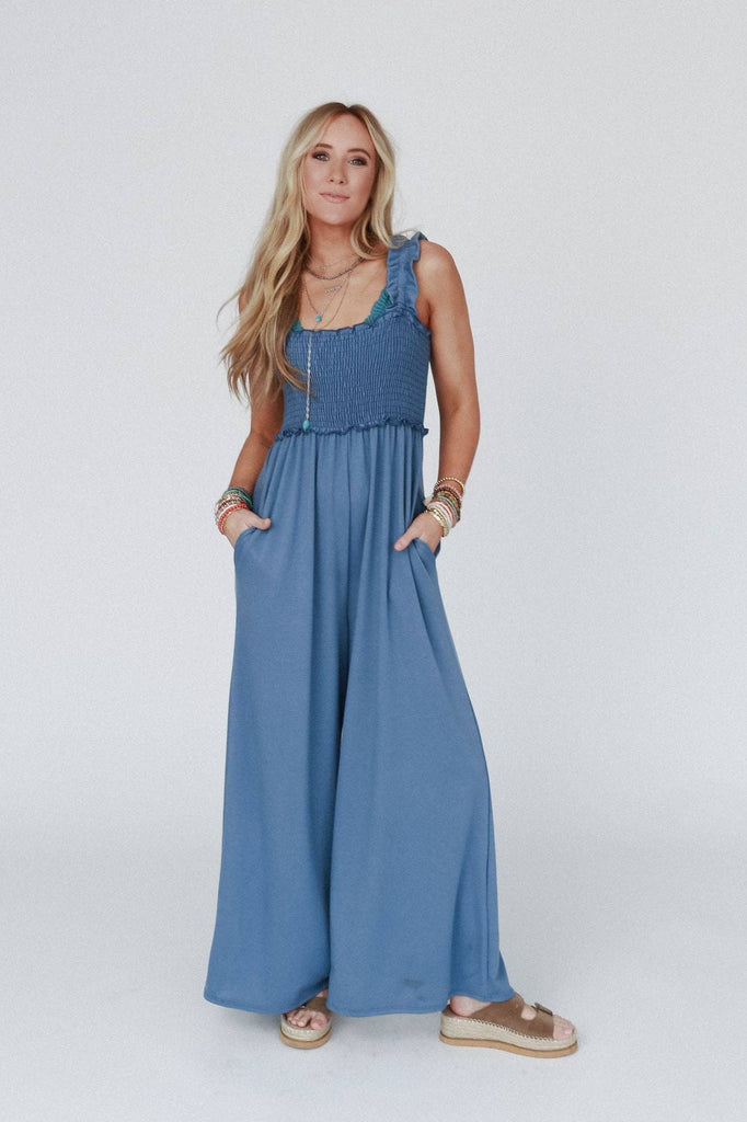 Nothing Compares Smocked Ruffle Jumpsuit - Denim