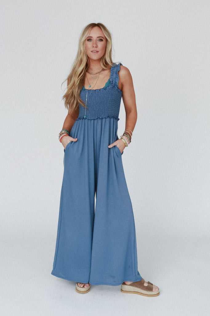 Nothing Compares Smocked Ruffle Jumpsuit - Denim