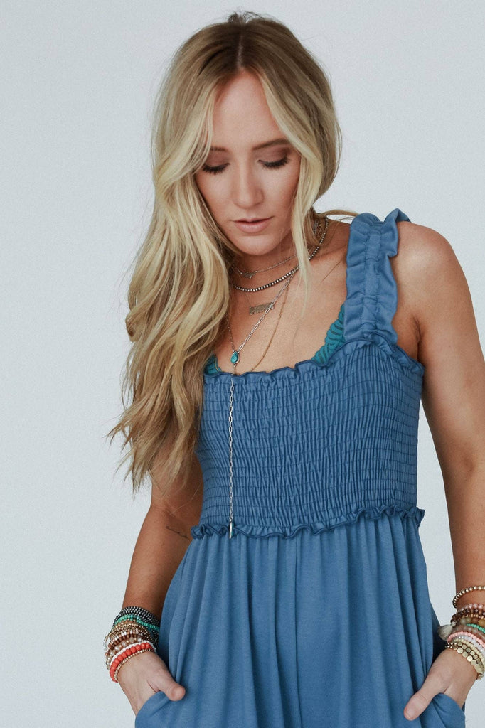 Nothing Compares Smocked Ruffle Jumpsuit - Denim