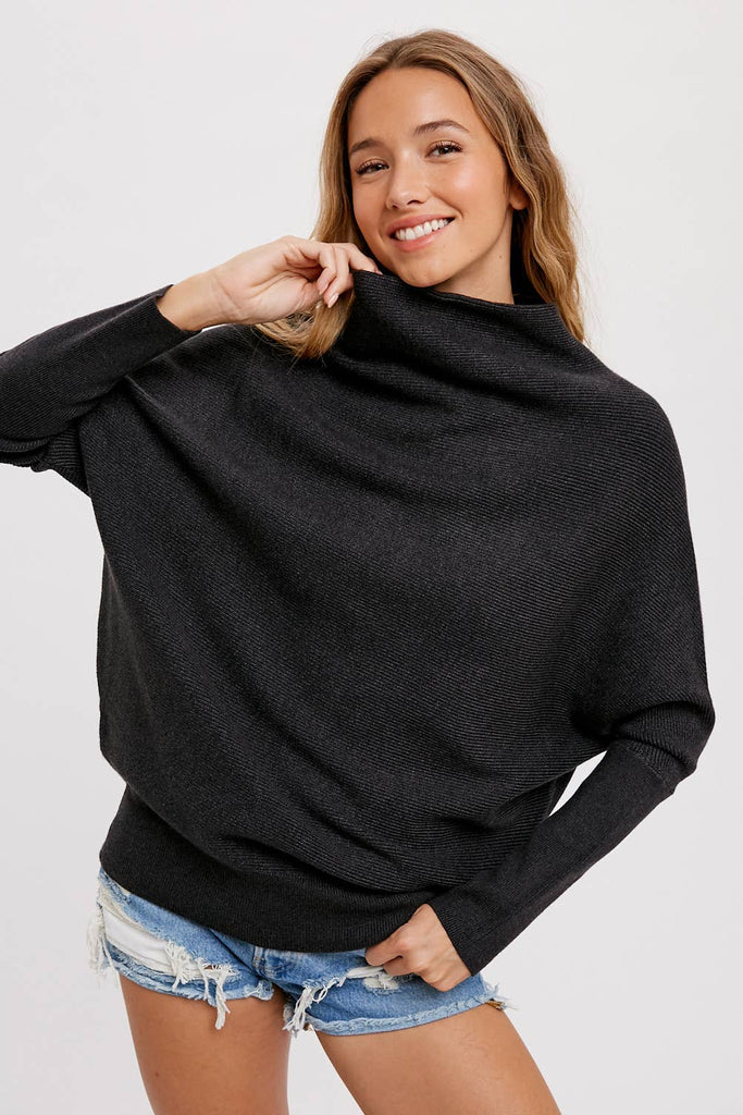 SLOUCH NECK DOLMAN PULLOVER: CHARCOAL