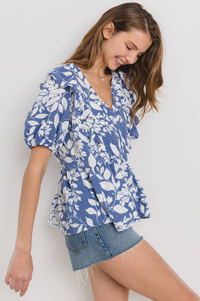 Floral Print Shirring V-neck Blouse