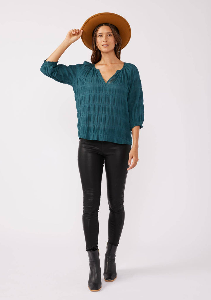 3/4 Sleeve V-Split Neck Blouse: Deep Teal