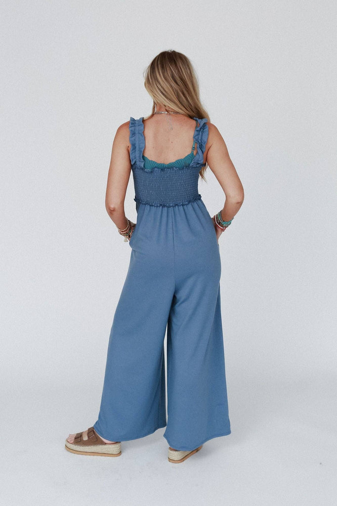 Nothing Compares Smocked Ruffle Jumpsuit - Denim