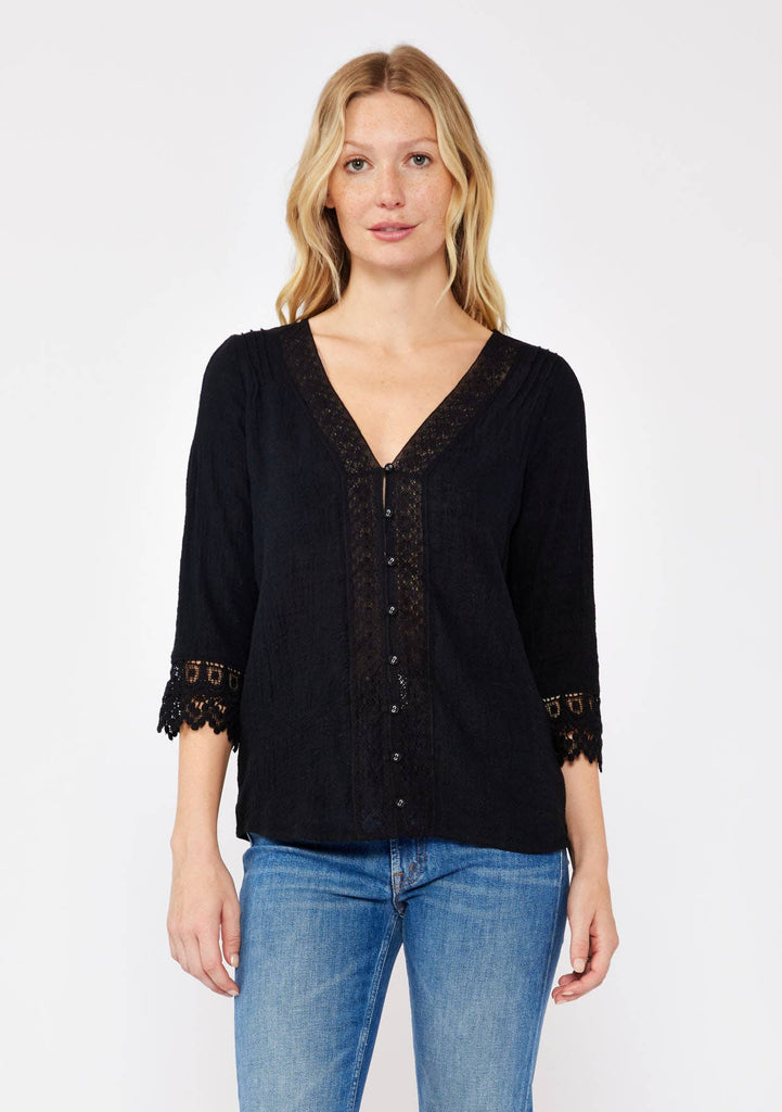 3/4 Sleeve V-Neck Button Down Blouse : Vanilla