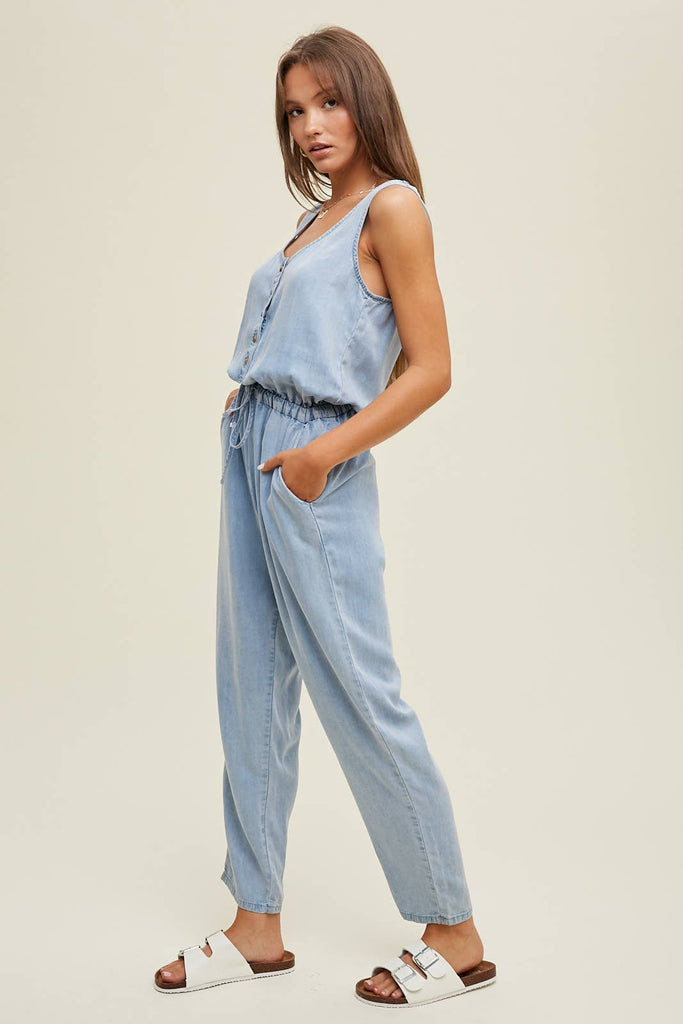 WASHED TENCEL BUTTON-UP TANK JUMPSUIT