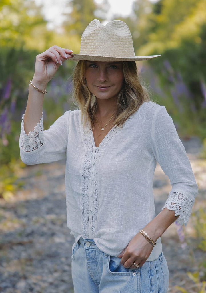 3/4 Sleeve V-Neck Button Down Blouse : Vanilla