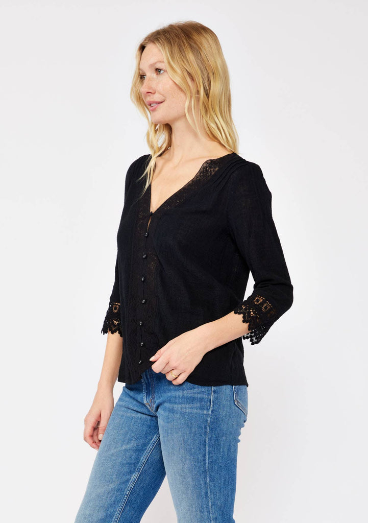 3/4 Sleeve V-Neck Button Down Blouse : Vanilla