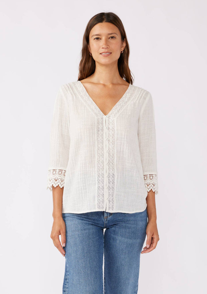 3/4 Sleeve V-Neck Button Down Blouse : Vanilla