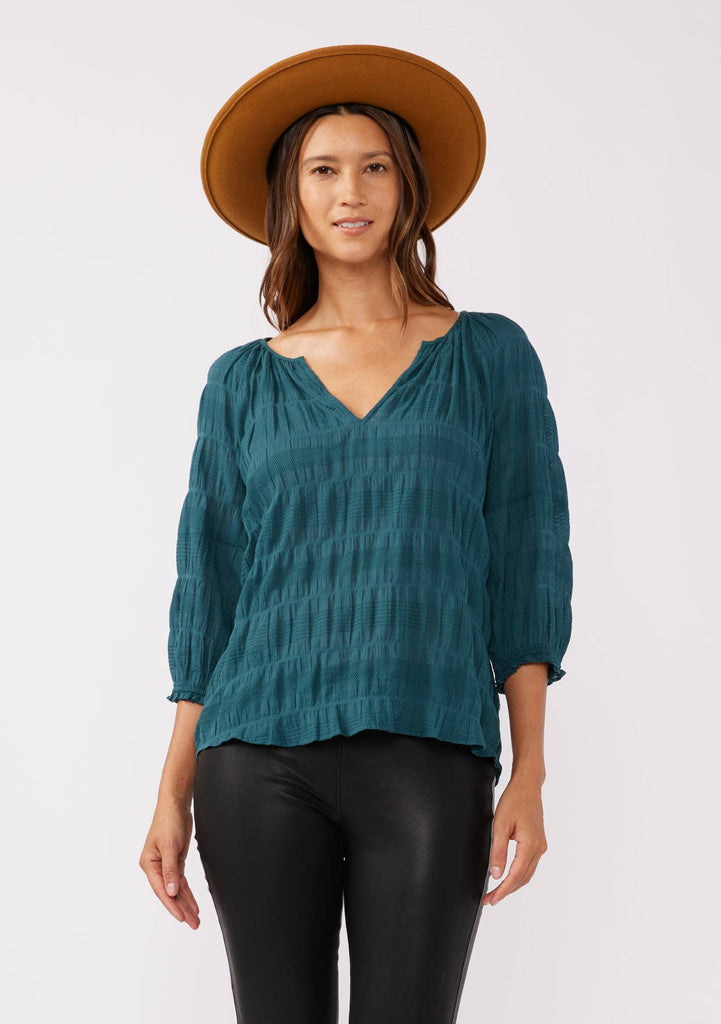 3/4 Sleeve V-Split Neck Blouse: Deep Teal