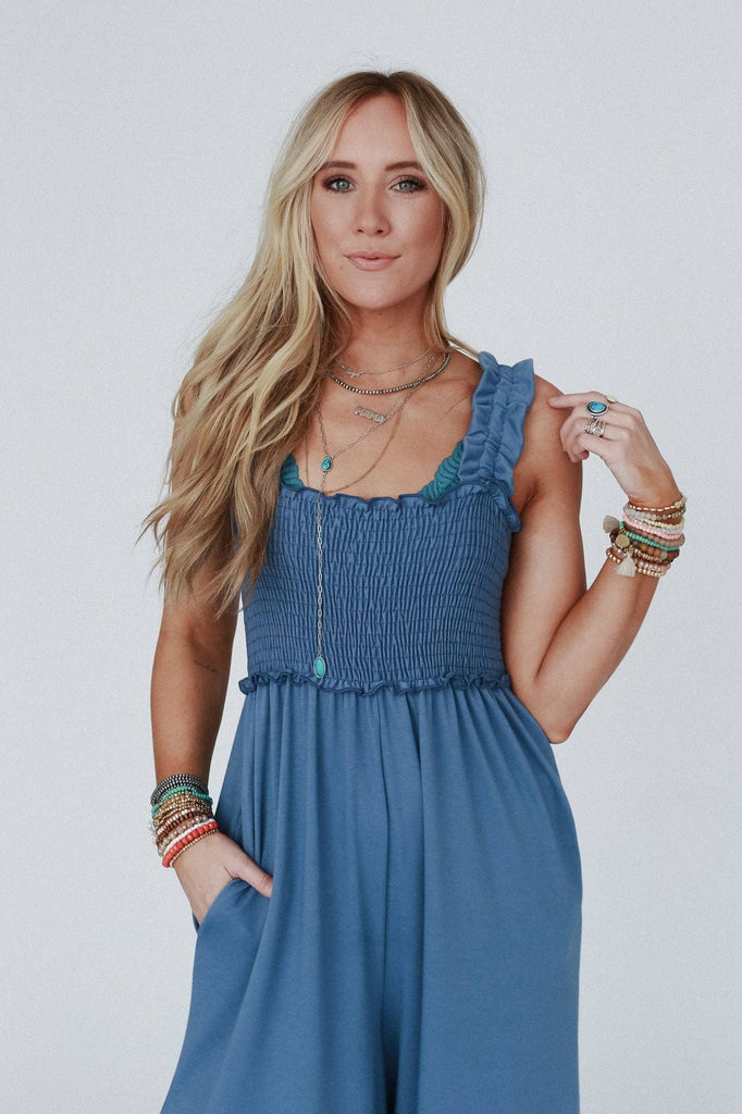 Nothing Compares Smocked Ruffle Jumpsuit - Denim