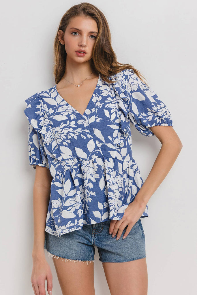 Floral Print Shirring V-neck Blouse