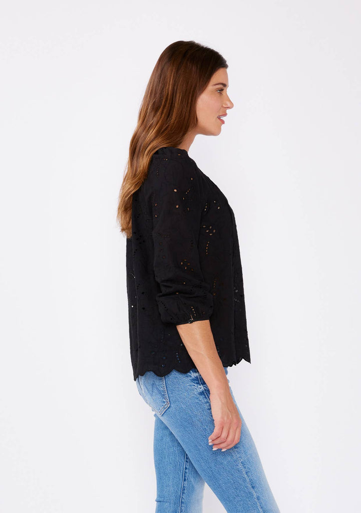 Raglan Long Sleeve Blouse with Floral Eyelet Details: Black / S