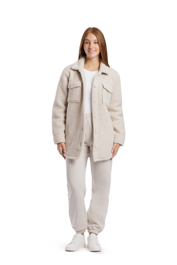 Amber Teddy sherpa shacket in bone: Bone