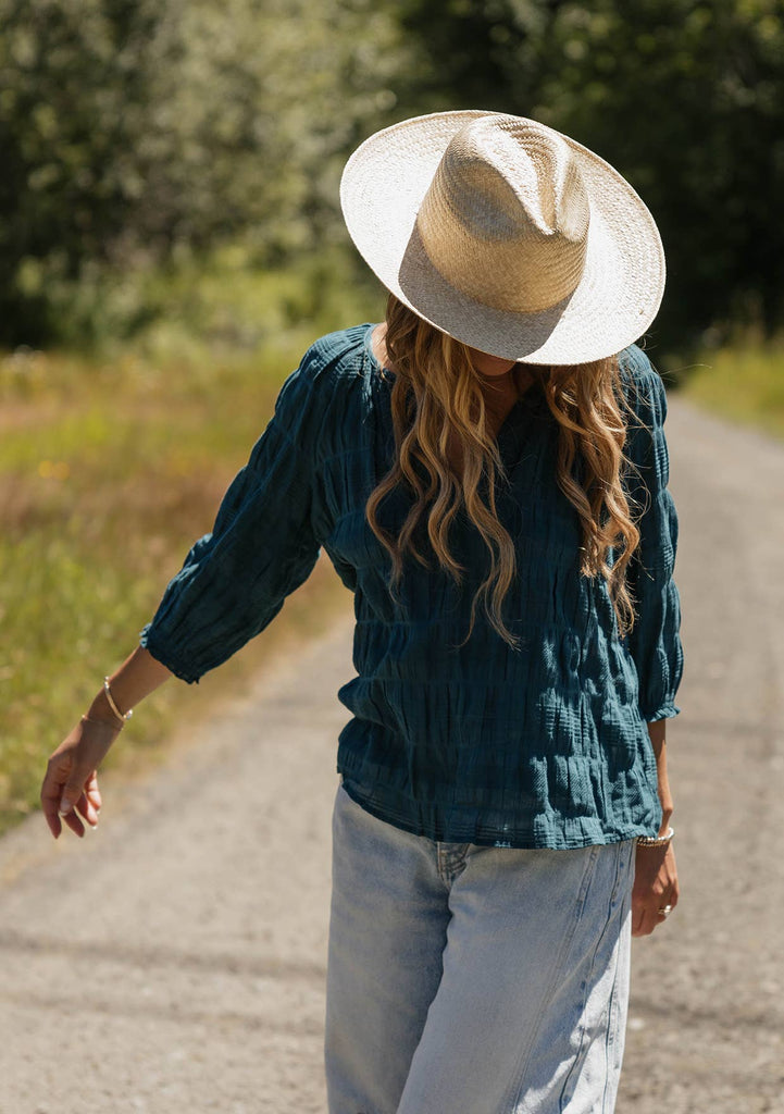 3/4 Sleeve V-Split Neck Blouse: Deep Teal