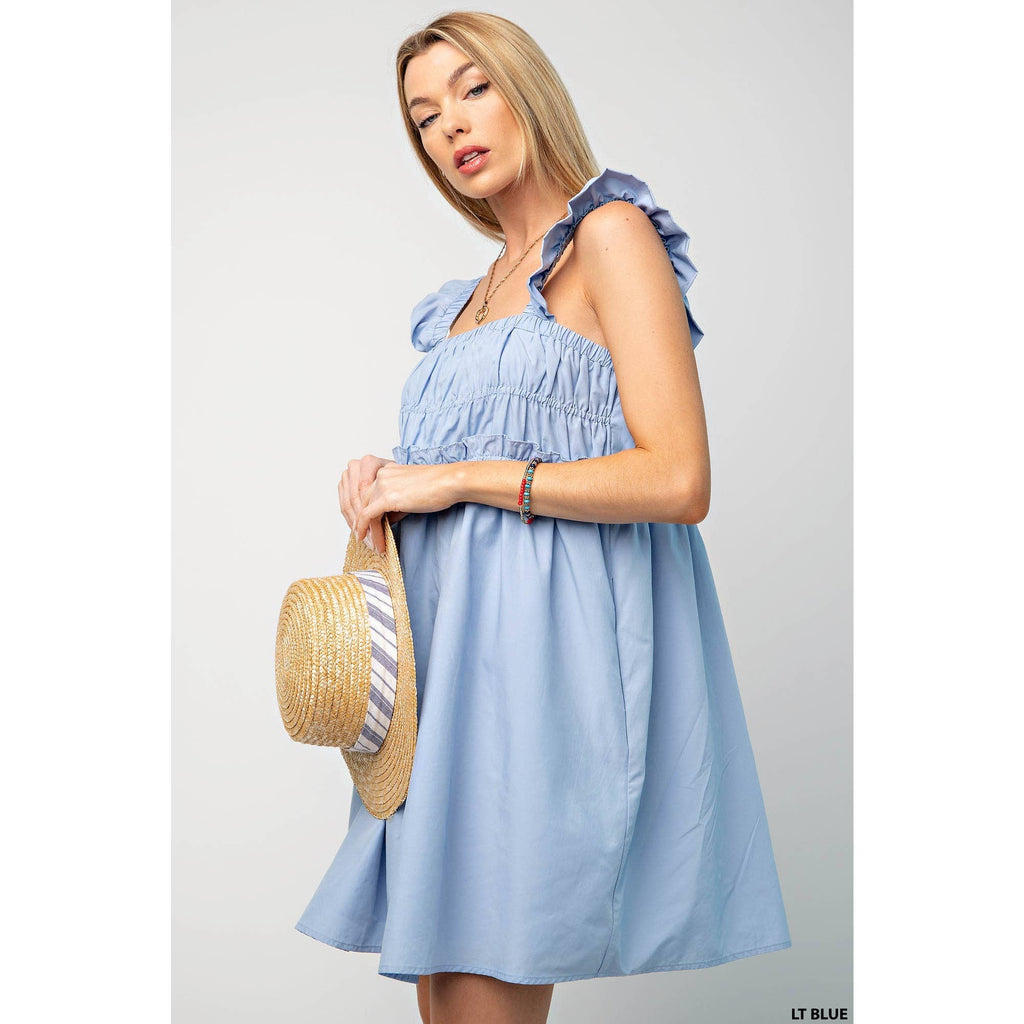 SQUAR NECK ELSTIC TURNEL RUFFLE SLEEVES DRESS