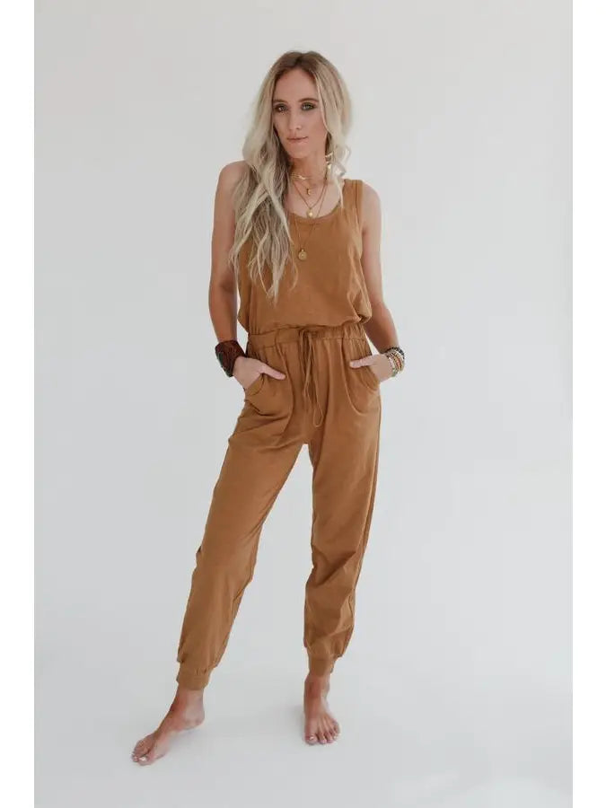 Set To Go Textured Jumpsuit and Cardigan Set - Camel  ITEMS SOLD SEPERATELY