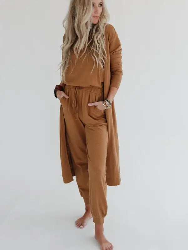 Set To Go Textured Jumpsuit and Cardigan Set - Camel  ITEMS SOLD SEPERATELY