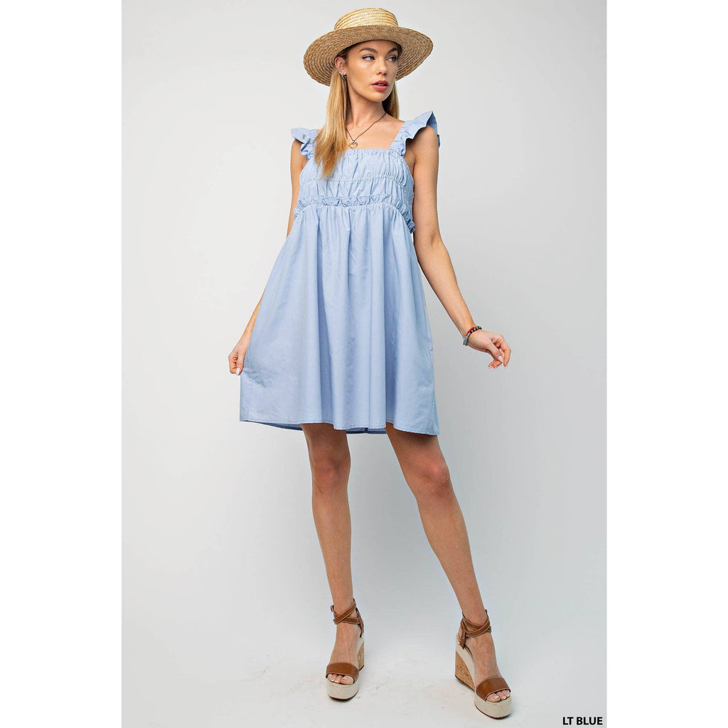 SQUAR NECK ELSTIC TURNEL RUFFLE SLEEVES DRESS