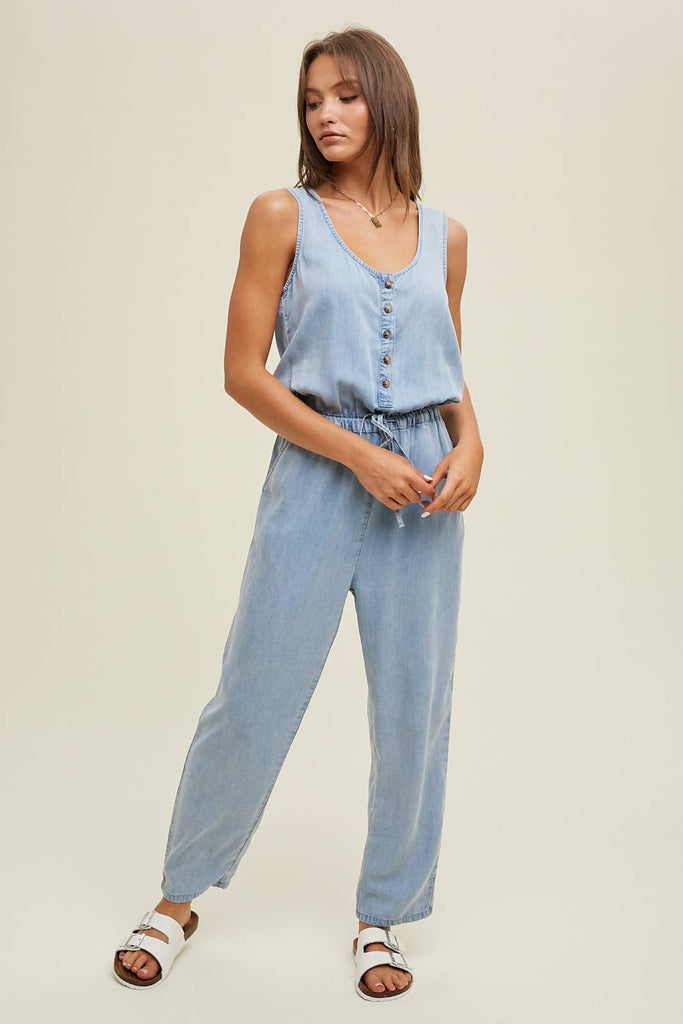 WASHED TENCEL BUTTON-UP TANK JUMPSUIT