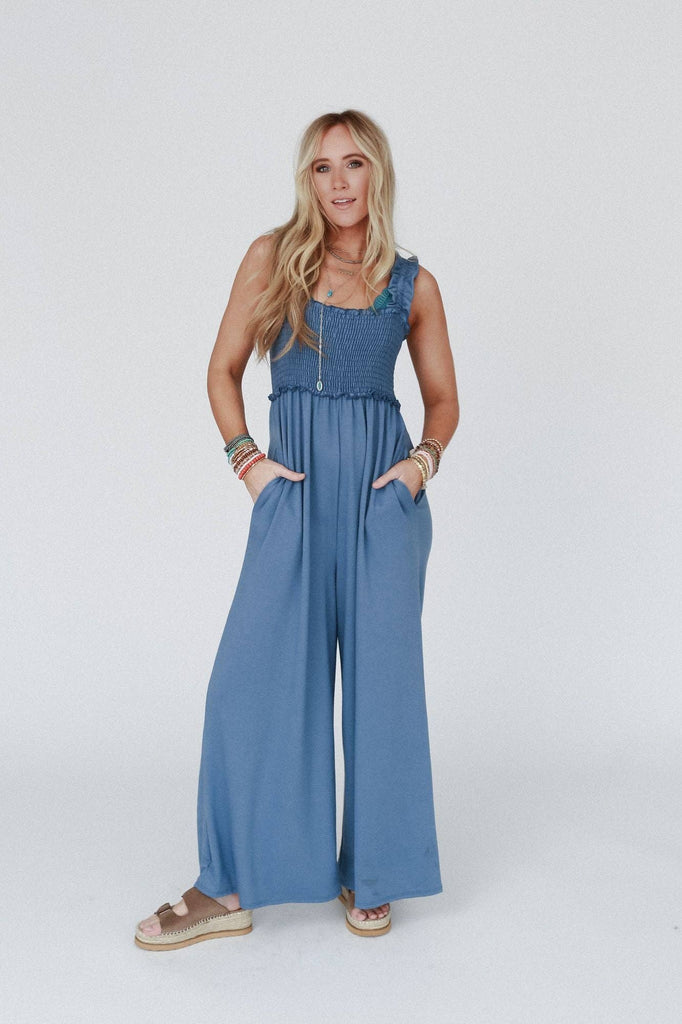 Nothing Compares Smocked Ruffle Jumpsuit - Denim