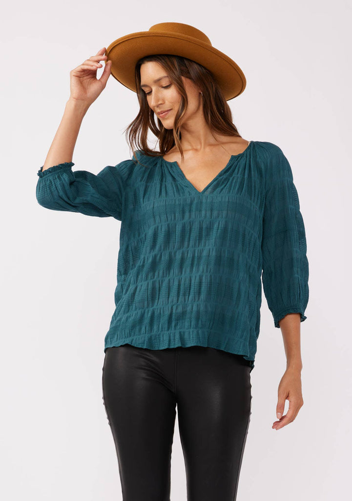 3/4 Sleeve V-Split Neck Blouse: Deep Teal