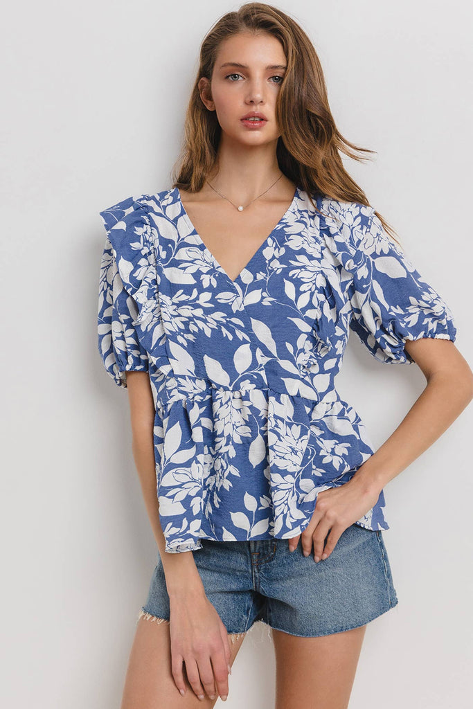 Floral Print Shirring V-neck Blouse