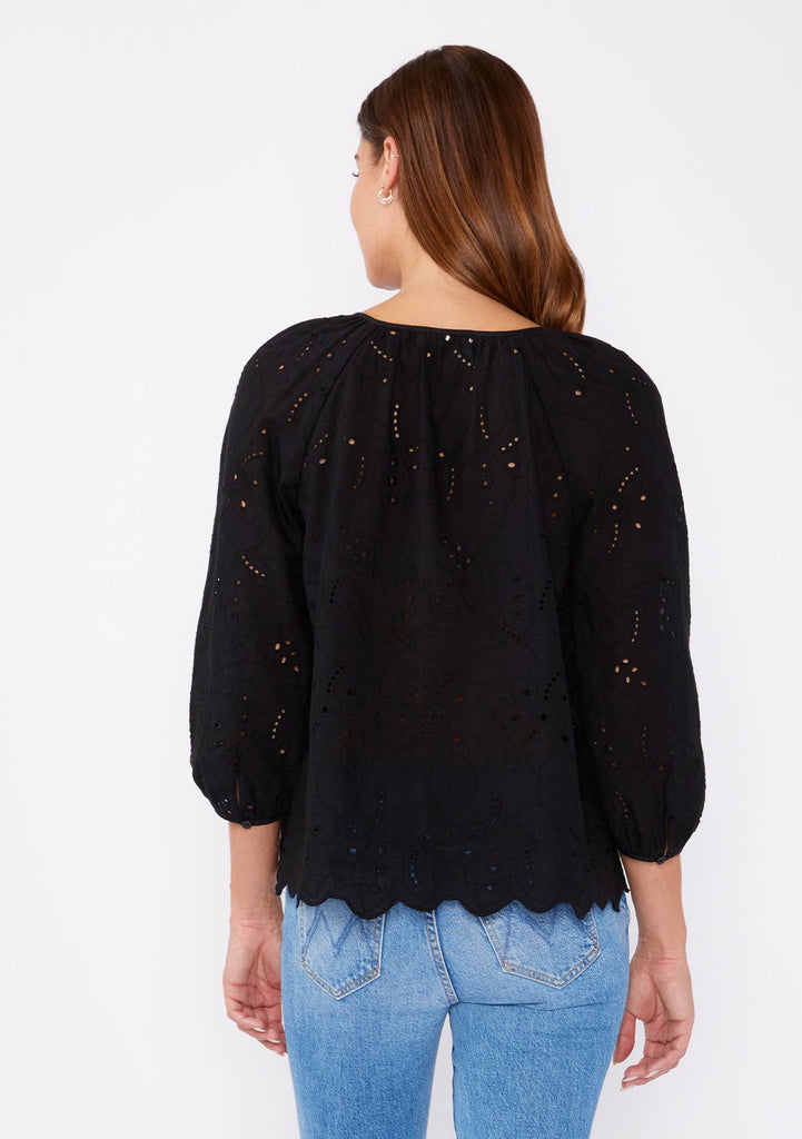 Raglan Long Sleeve Blouse with Floral Eyelet Details: Black / S