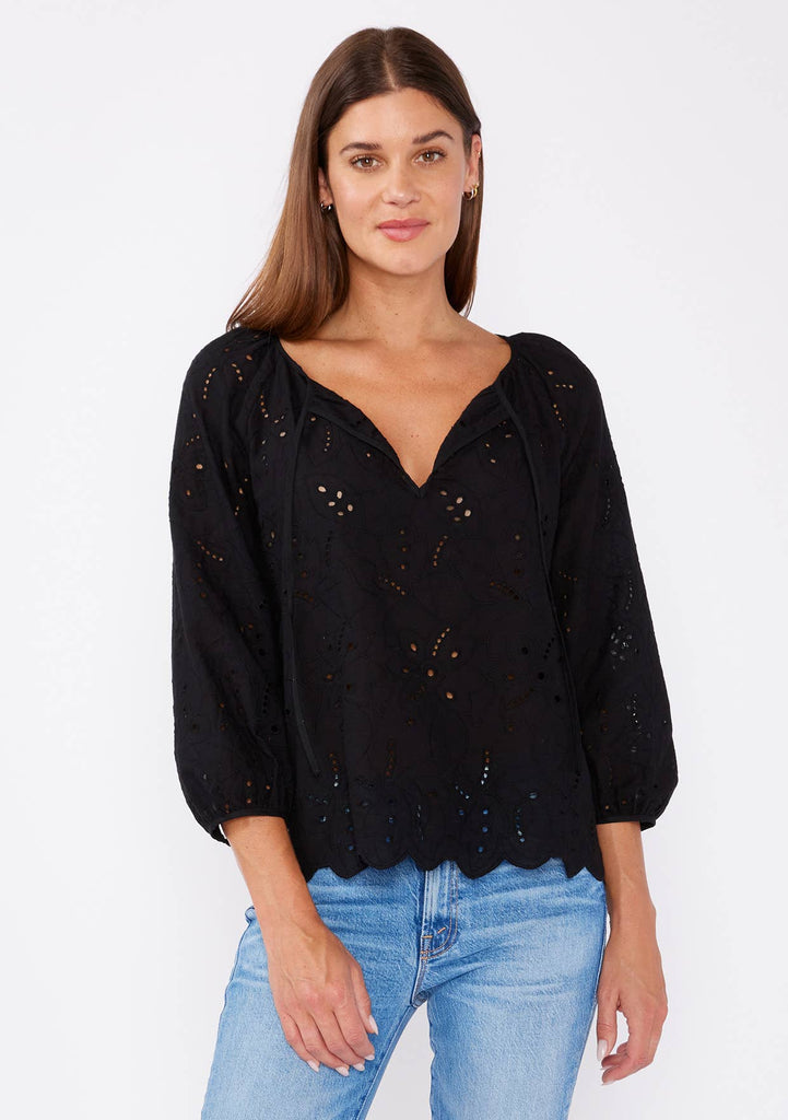 Raglan Long Sleeve Blouse with Floral Eyelet Details: Black / S