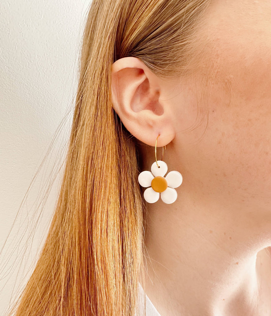 Daisy Hoops - Polymer Clay Spring Summer Earrings