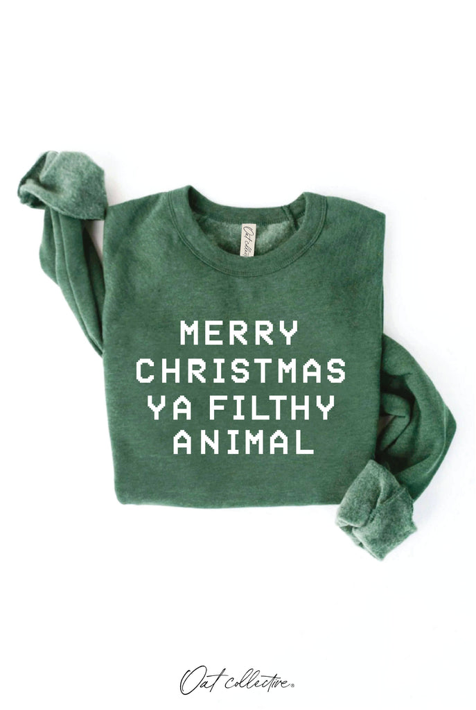 MERRY CHRISTMAS YA FILTHY ANIMAL Graphic Sweatshirt: DARK H.SAGE